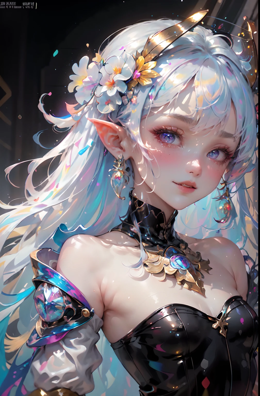 （Pink fashion mech：1.9），（Colorful hair：1.8），（Rainbow all colors：1.8），（（（（Vertical painting：1.6)）），（painting of a：1.6），frontage，comic strip,illustration,painting of a,largeeyes,crystal-clear,（rainbow color gradient high ponytail：1.7）,Delicatemakeup,Keep one's mouth shut,(Small Fresh:1.5),(Bandeau:1.6),long eyelasher,White shoulder T- shirt, White Shoulder Shirt，looking at viewert，watery big eyes，(rainbow colour hair：1.6), color splash, （solo：1.8）, color splash, color explosion, colour splash, color explosion, Thick lacquer style，Messy lines，((shining)) ，(colorful), (colorful), (colorful), colorful, Thick Paint Style, (Splash) (Color Splash), Vertical Painting, Upper Body, Paint Splash, Acrylic Pigment, Gradient, Paint, Highest Image Quality, Highest image quality, Masterpiece, Solo, Depth of Field, Face Paint, colorful clothes, (ellegance: 1.2), opulent, long whitr hair, ventania, (ellegance: 1.3), (petals: 1.4)，(((masterpiece))),(((Best quality at best))),((ultra - detailed)),(illustratio),(dynamic angle),((floatking)),(Paintwork),((Loose hair)),(solo),(1girl) , (( (Detailed anima face))),