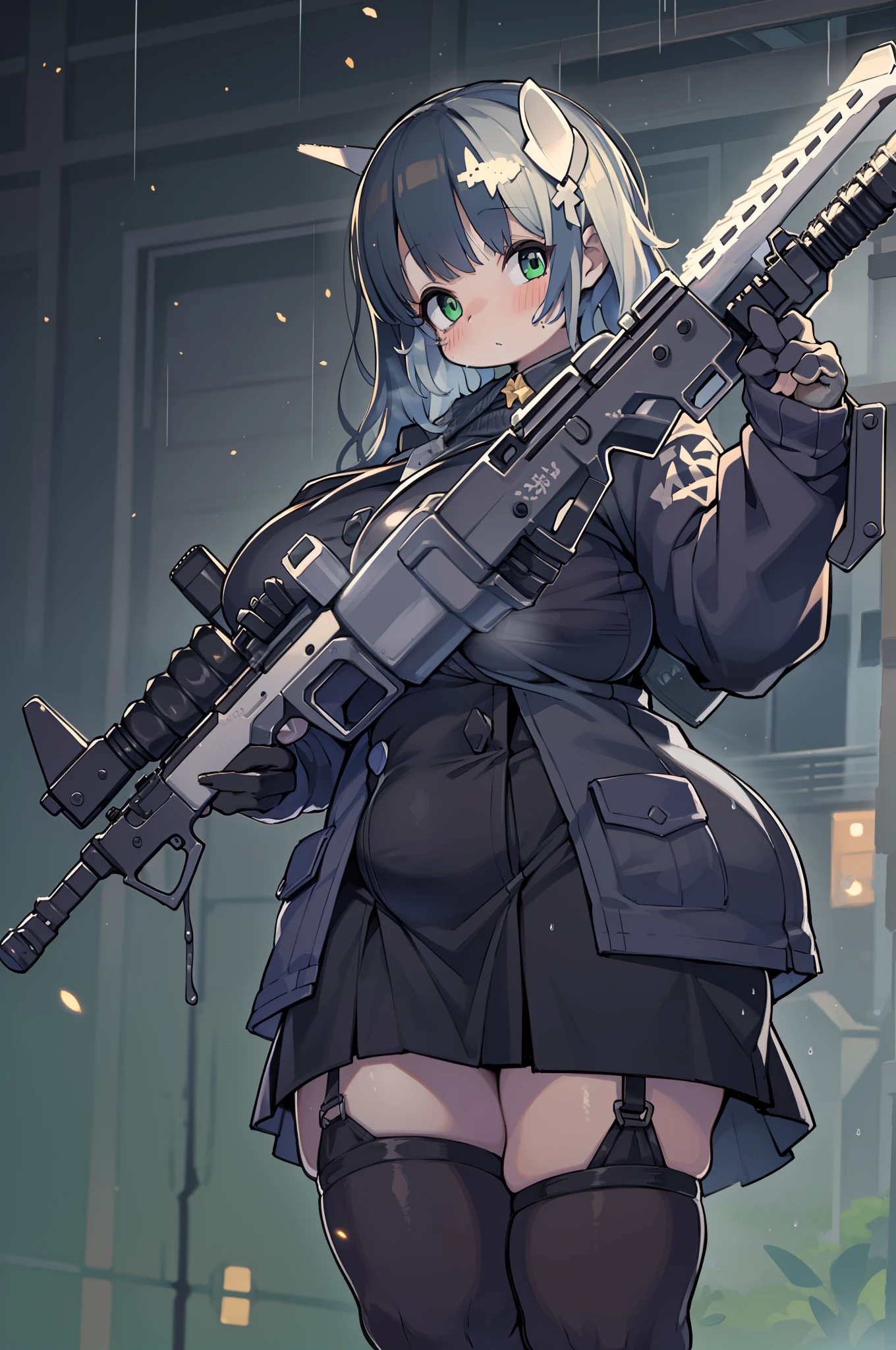 (((Hold a huge assault rifle)))、Long sideburns、Anime-style girl with ...