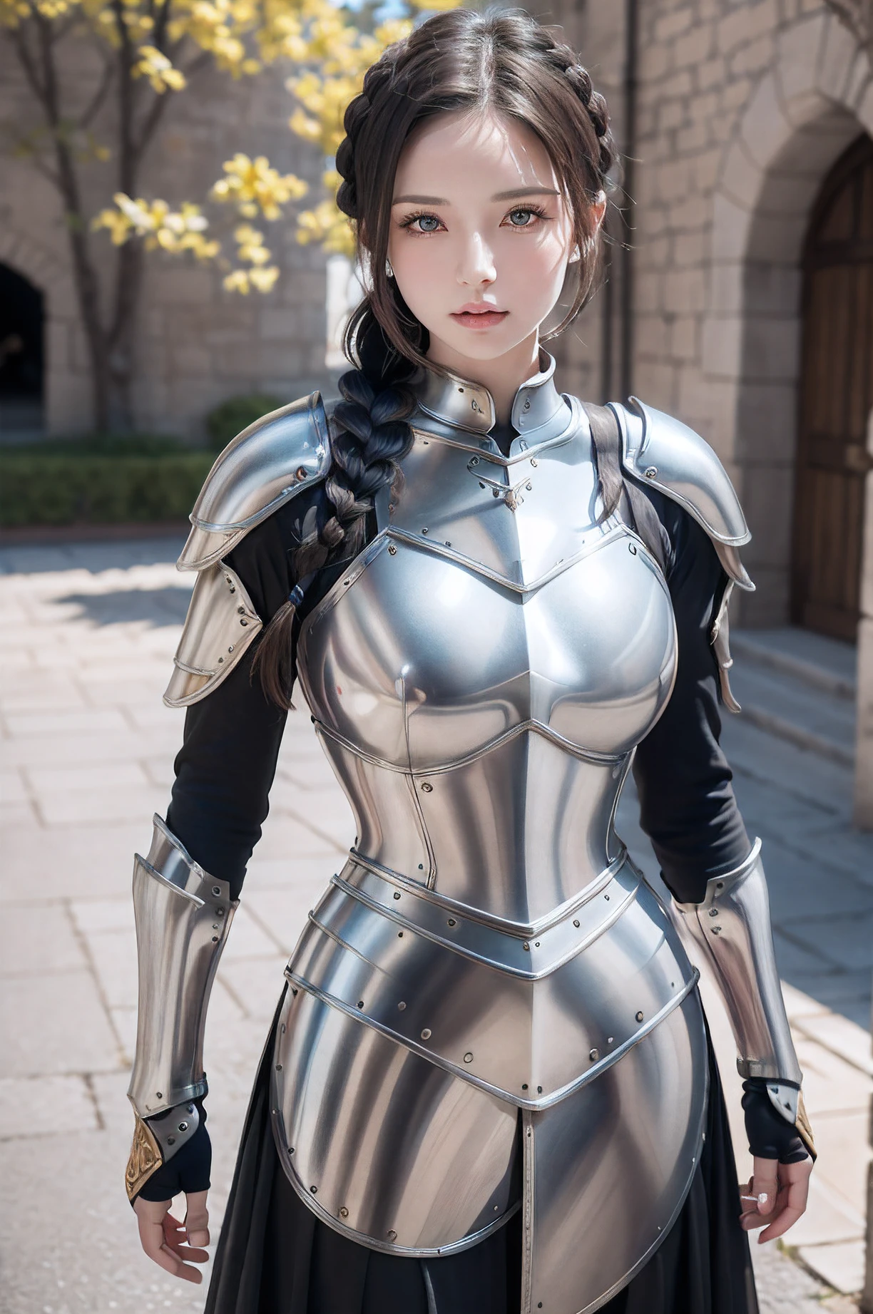 (masterpiece, best quality),(extremely intricate:1.3), (realistic), 1girl, milf, caucasian, green eyes, perfect eyes, perfect iris, perfect pupils, perfect lips,perfect nose, perfect hands, very detailed hands, perfect fingers, black hair, short hair, straight hair, small braid in her hair, (medieval armor), metal reflections, (((golden armor))), outdoors, far away castle, (ornately decorated armor), (insanely detailed, bloom:1.5), chainmail, intense sunlight, professional photograph of a stunning woman detailed, sharp focus, award winning, cinematic lighting, blurry background, upper body, ((confident)), (Pose:looking at the camera), (arms behind back:1.3), stylish posing, 1800's background,