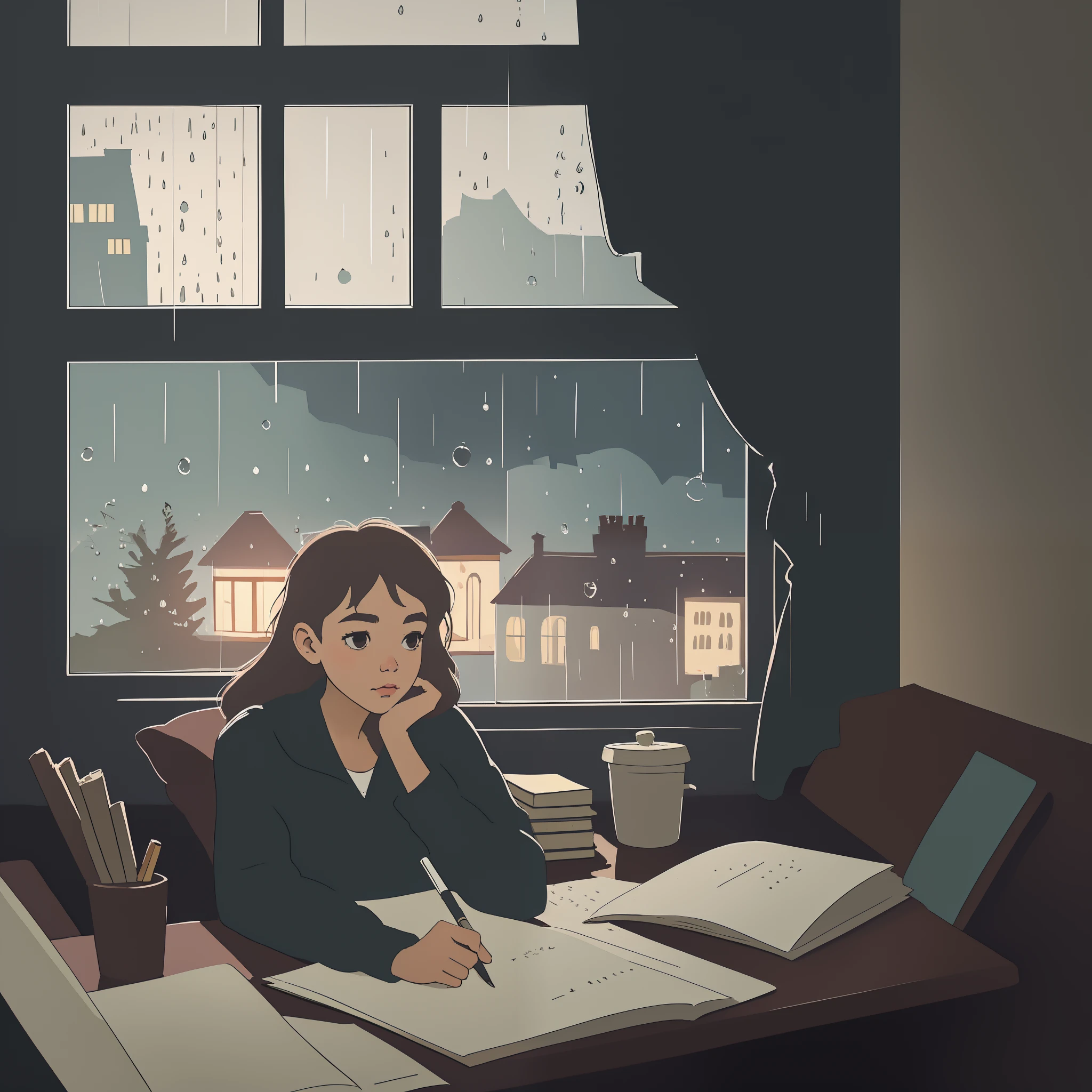 A lofi image of 1 girl studying in a cozy room, night time, window in the background, single person, raining outside