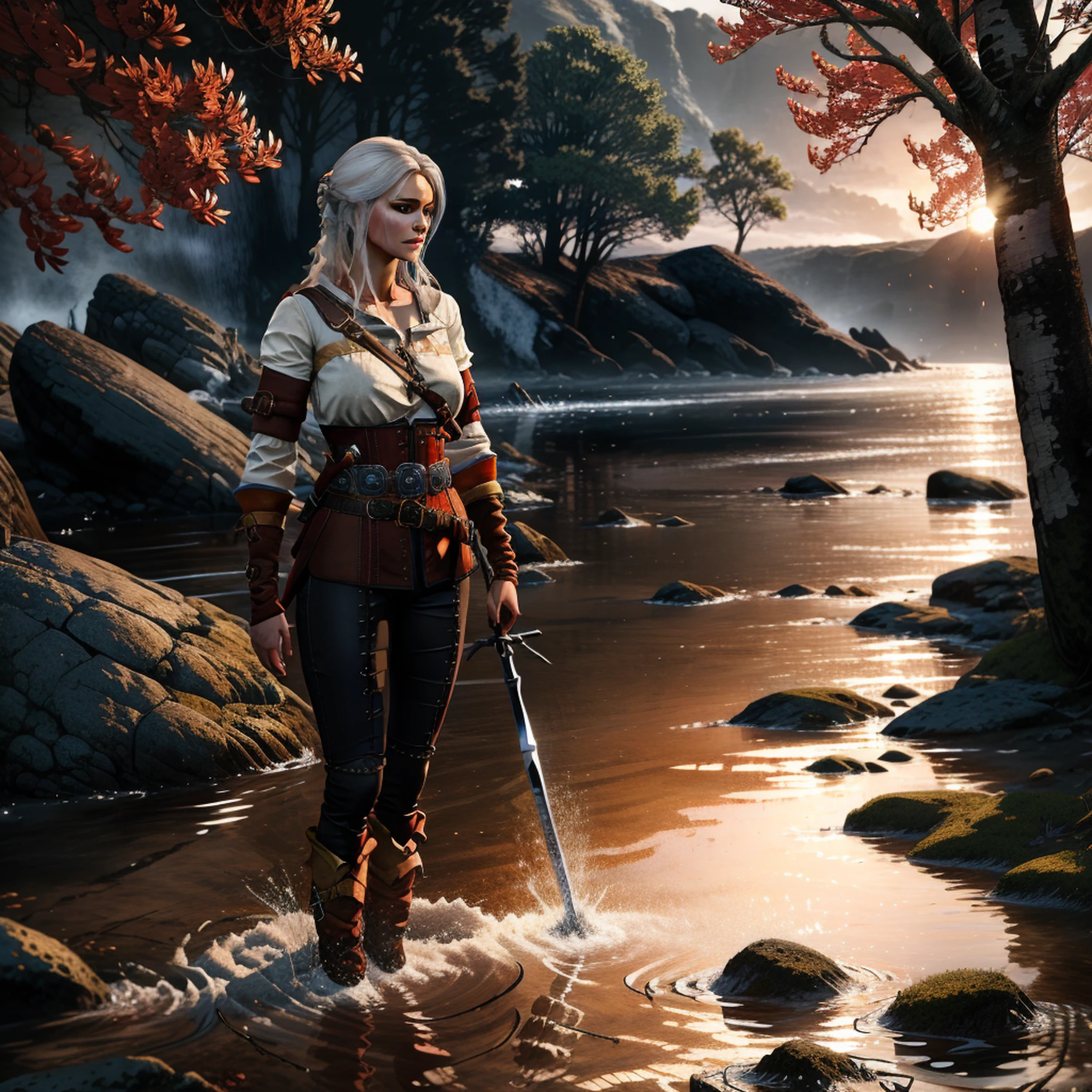 (master part, best quality:1.2), ciriW3_alma3142, 1girl, medium hair, seios, Luvas, cabelos brancos, ao ar livre, Pants, espada, water, segurando arma, tree, fire, Natureza, segurando tocha