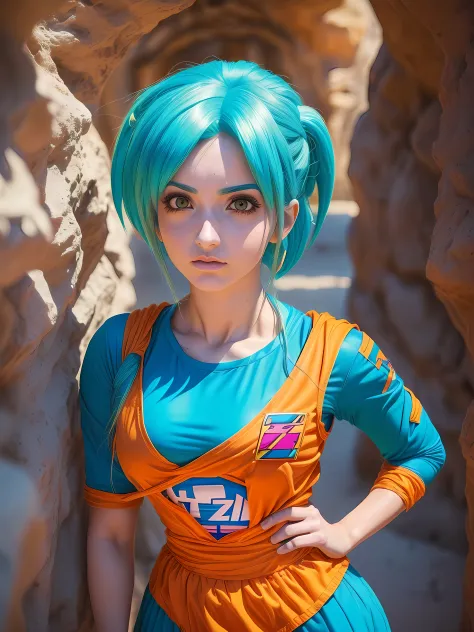 Uma mulher jovem linda atraente inspirada em Emily Rudd, como Emily Rudd, (((com traje de cosplayer de Bulma pesonagem de dragon...