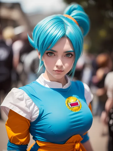 Uma mulher jovem linda atraente inspirada em Emily Rudd, como Emily Rudd, (((com traje de cosplayer de Bulma pesonagem de dragon...