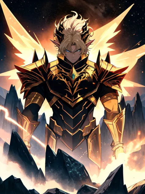 A very attractive muscular male elf with a tone, perfectly proportioned slim body, with luminous golden hair and golden eyes that resemble those of a dragon, standing at a height of 2 meters. He wears armor made of unrefined black crystals that appear to c...