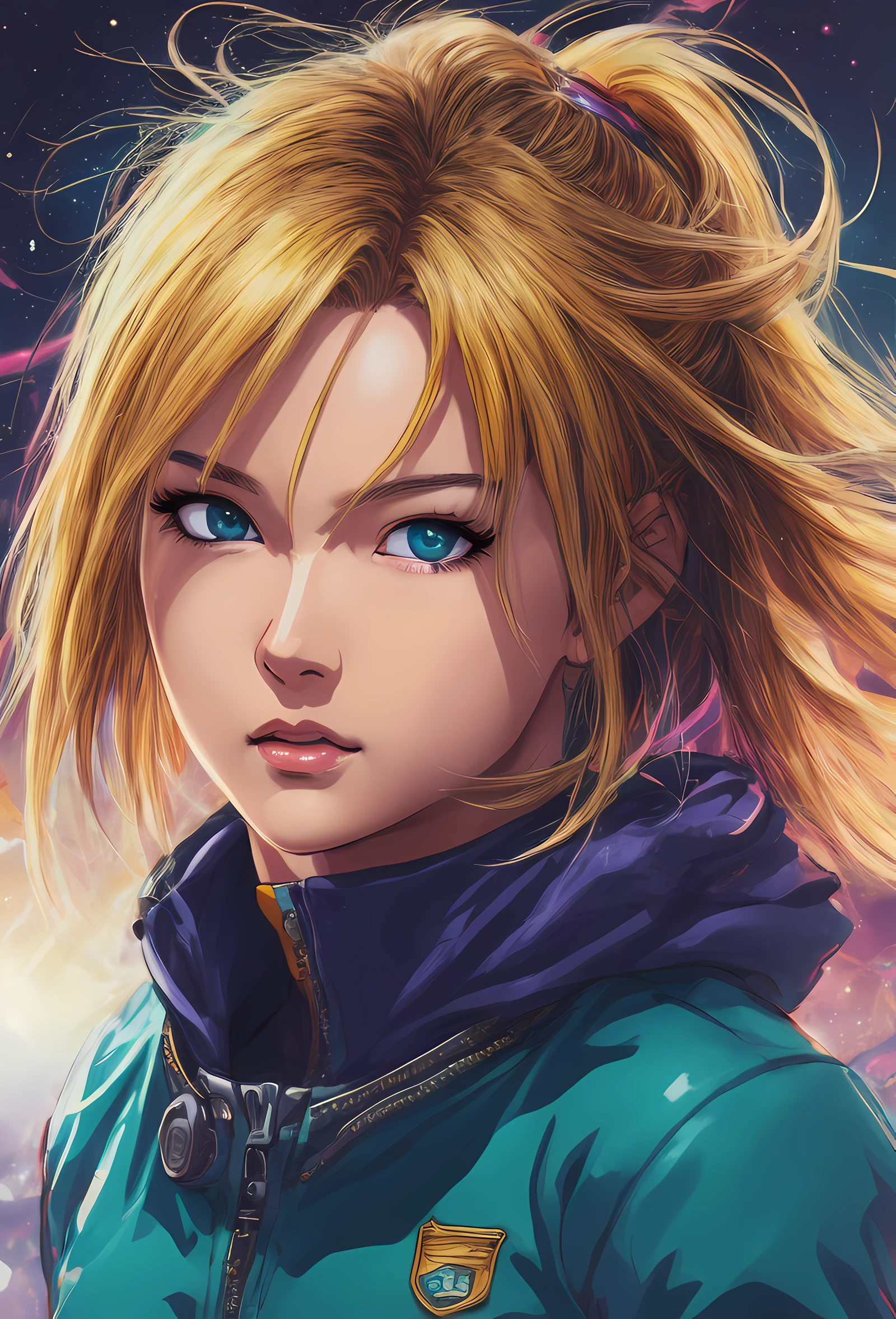 Gros plan d’une femme aux cheveux blonds et aux yeux bleus, Portrait réaliste de fille cadet spatial, Style artistique animé des années 80, Bulma de Dragon Ball, dans le style d'art anime numérique réaliste, portrait chevaliers de fille du zodiaque, Style animé 4K, androïde 18