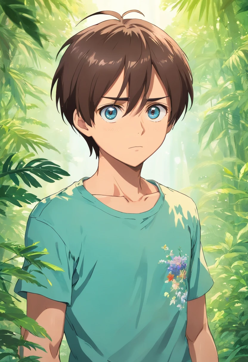 a eren yeager wearing an anime ripped shirt , in the style of tranquil gardenscapes, colorful animation stills, masami teraoka, aquamarine, paul gauguin, Embry style, honest portrayal