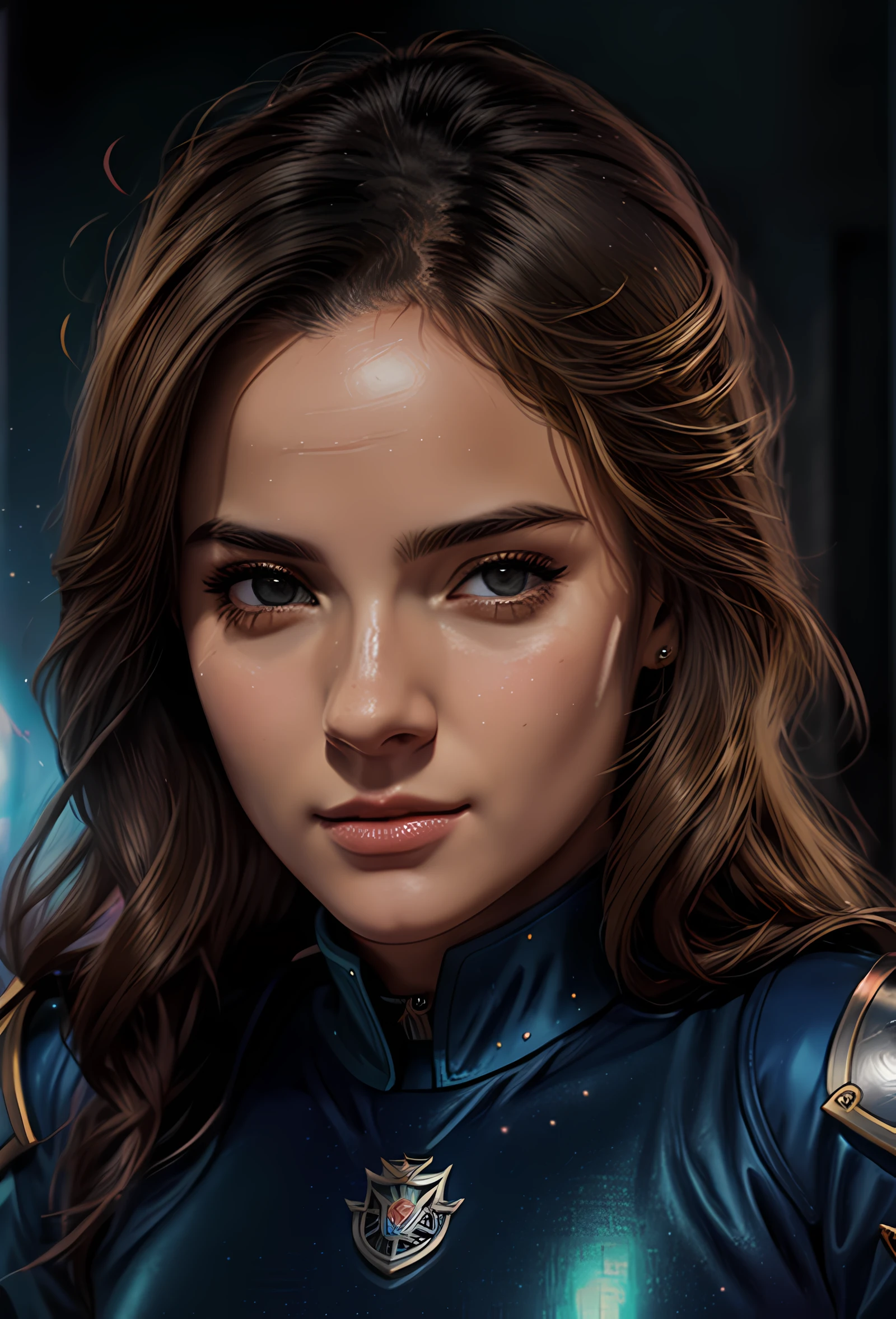 um close up de uma mulher com cabelos loiros e olhos azuis, Realistic portrait in a space, cadete menina, in the ultra-realistic gitial art style, portrait knights of zodiac girl, 4K, Android 18