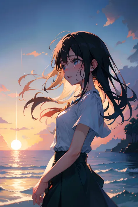 Create an exquisite illustration reminiscent of Makoto Shinkai's style, characterized by its superfine detail and top-tier quality.The girl is crying a lot, screaming,