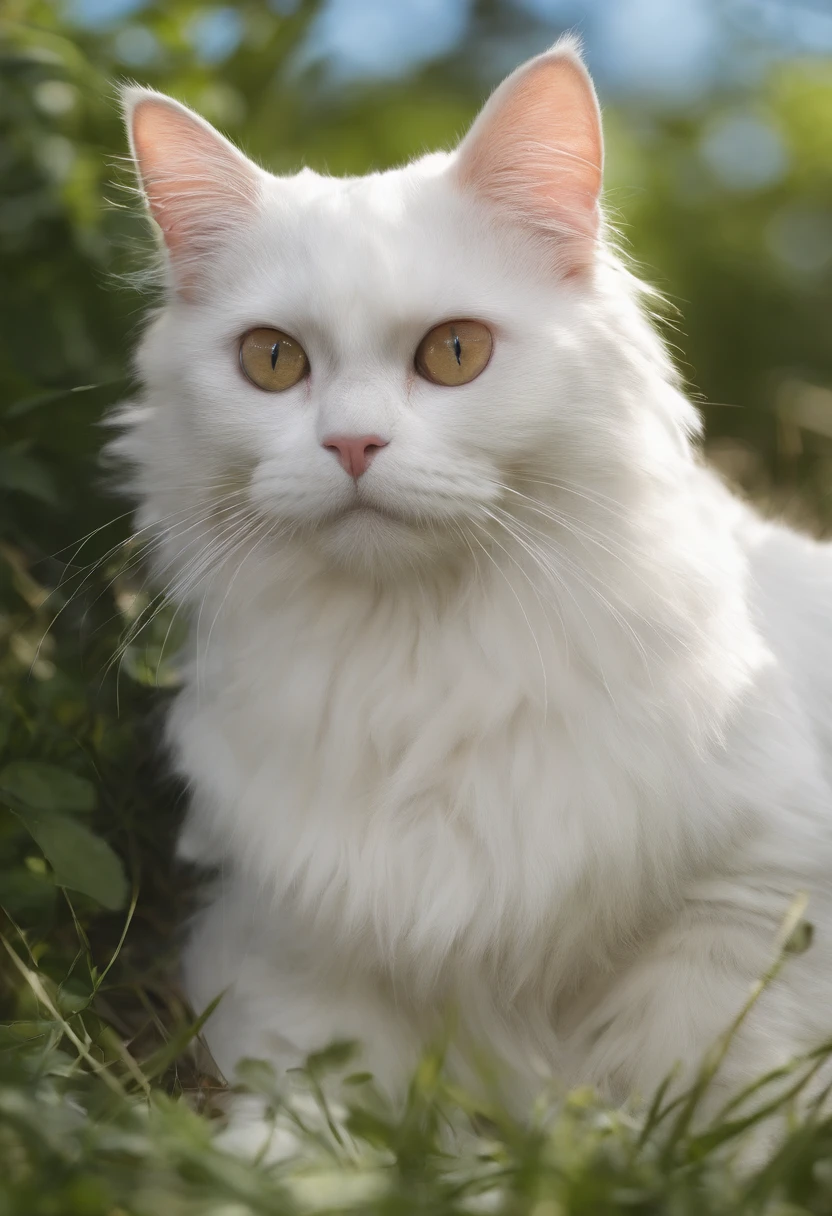 There is a white cat sitting on the grass looking up at the sky, white hairs, Branco ( Gato ) garota, albino mystic, an afghan male type, Gato Branco, gato persa, young handsome pale roma, cat female with a whit and chest, uma pintura de prata branca, awesome cat, gato ragdoll, cabelos brancos semelhantes a nuvens, gato angelical, gato anjo, golden areola on the baça, areola like that of an angel, fundo simples, sem fundo, estilo cartoon, estilo pintura oleo, estilo desenho.[