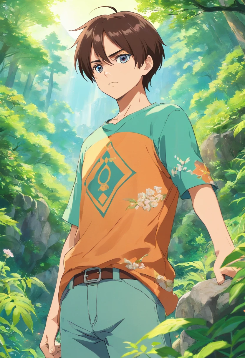 a eren yeager wearing an anime ripped shirt , in the style of tranquil gardenscapes, colorful animation stills, masami teraoka, aquamarine, paul gauguin, Embry style, honest portrayal