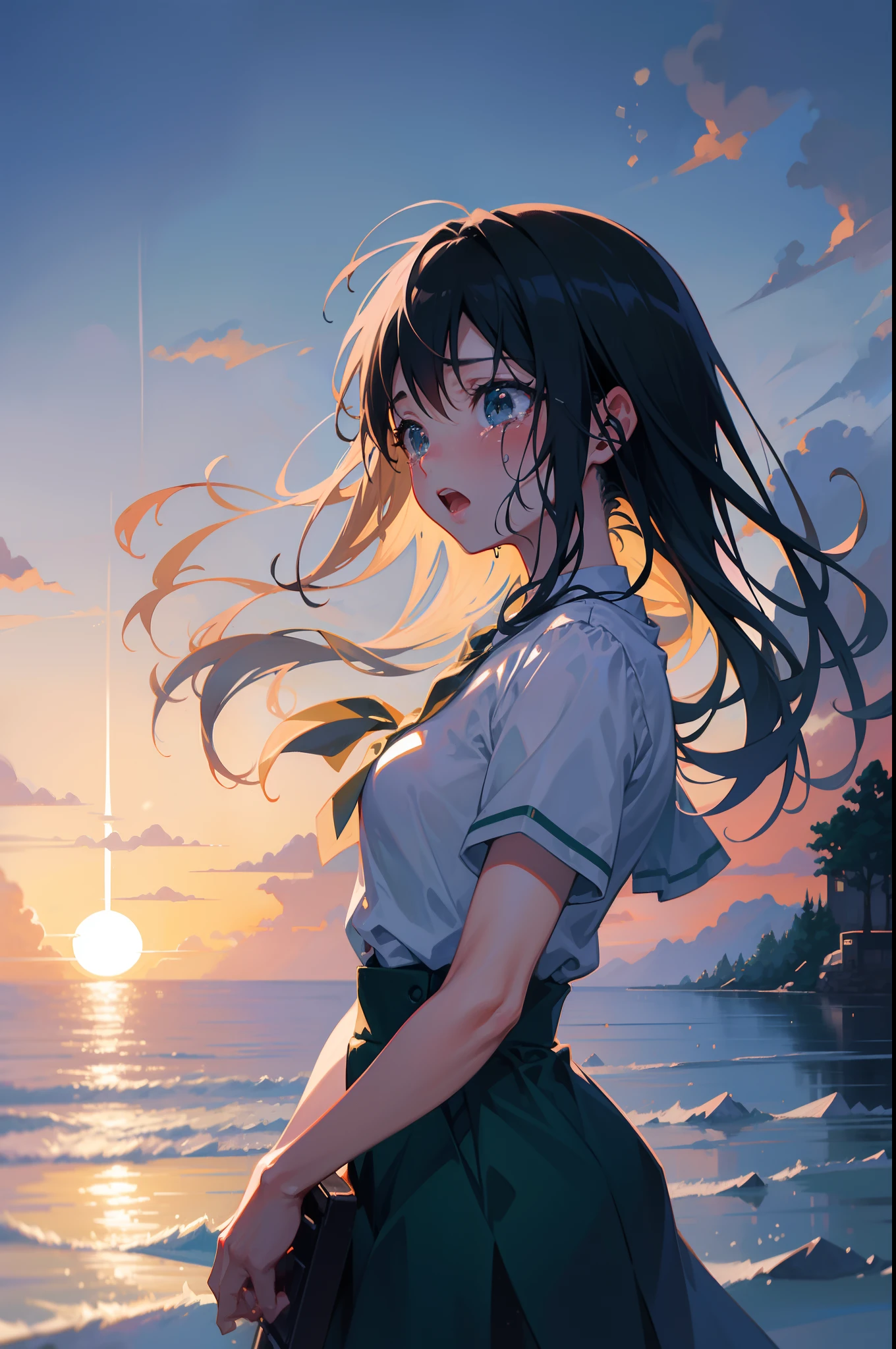 Create exquisite illustrations reminiscent of Makoto Shinkai's style, It is characterized by its ultra-fine details and top-notch quality.The girl is crying a lot, Screaming,