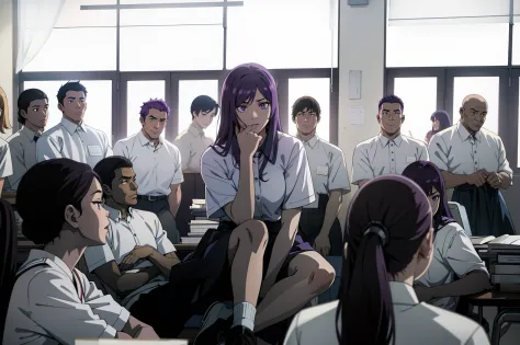 Anime scene, 1girl purple hair highschool girl sitting in the classroom, highschool student around