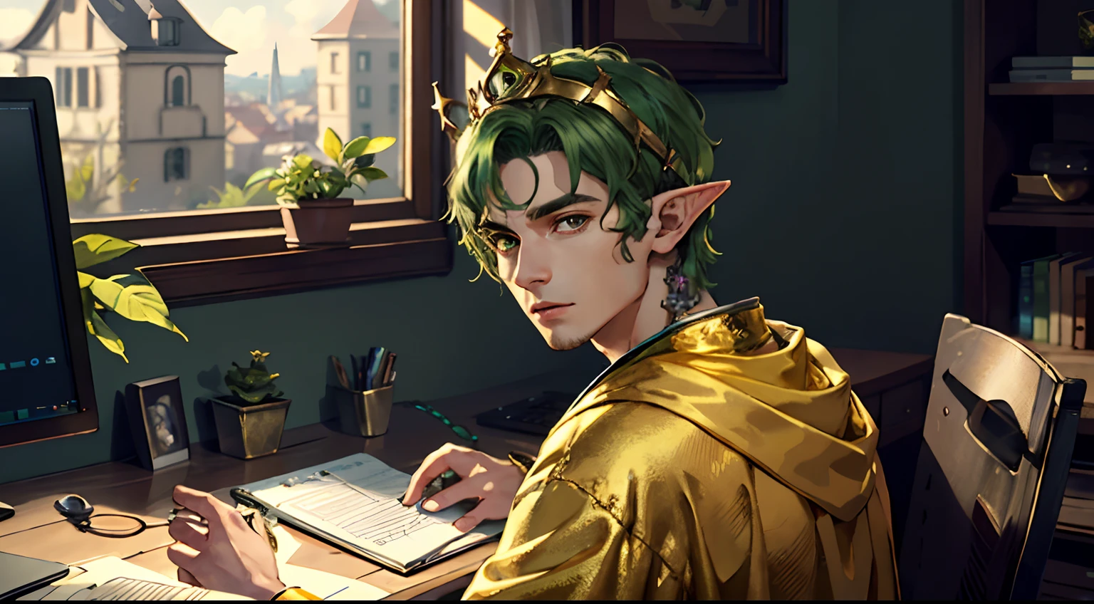 solo, solo focus, masterpiece, ((exquisite_detail)), illustration, (handsome), extremely_detailed_CG, cute young man, green hair wearing a crown, gold eyes, golden robe, merchant, leaf, sitting at a computer at home, looking at the viewer, turned around, cute young man with elf ears, hands behind the back