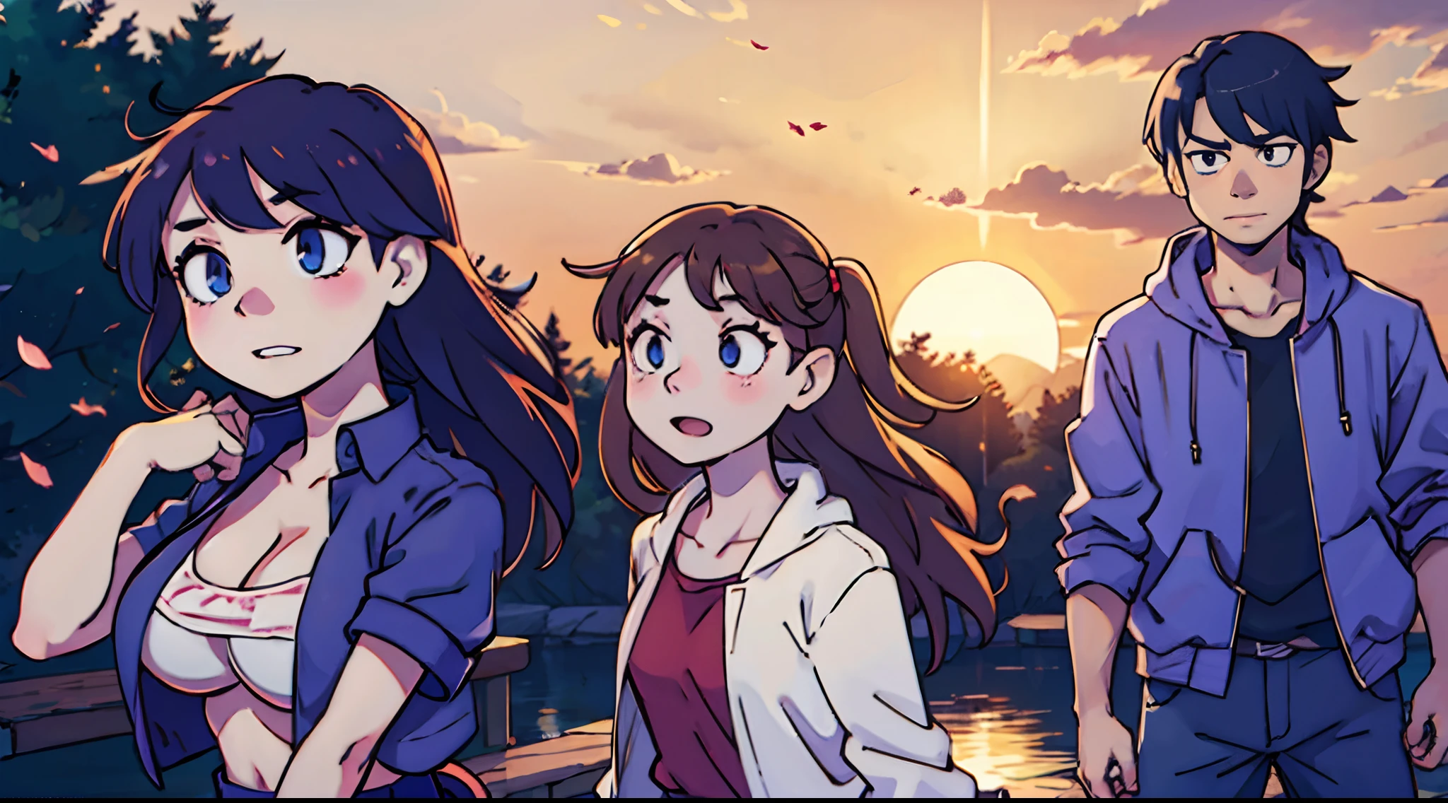 Anime characters standing in front of a sunset with trees - SeaArt AI