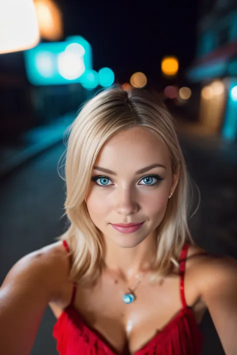 (selfie shot, from above:1.4), (half body postrait:1.4), RAW uhd portrait photo of a 24-year-old blonde (blue-eyed woman) walking down a dark alleyway, natural breasts_b, nighttime city background, (red sundress), (cleavage), detailed (textures!, hair!, sh...