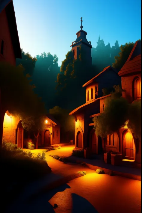 RPG, D&D, small village, rpg town, fantasy small village, dark image, middle of the night, medieval, (A large clock tower) (smal...