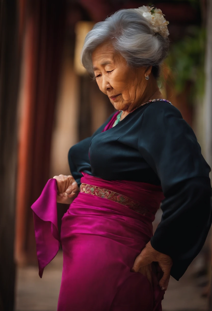 A close up of a woman in a purple dress with a flower in her hair - SeaArt  AI