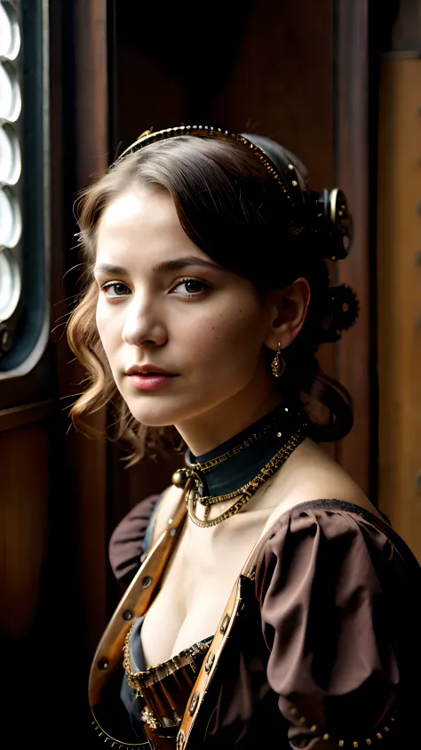 Malicious steampunk girl, extremely beautiful  and sensual gal was in a steam engine, in the style of dark white and brown, nost...