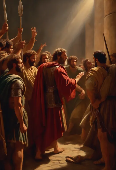 Create an image that depicts the Apostle Paul in a moment of detention by Roman soldiers, captured in a scene that reflects the transition of his life before becoming a follower of Christ to the pivotal moment of his conversion.