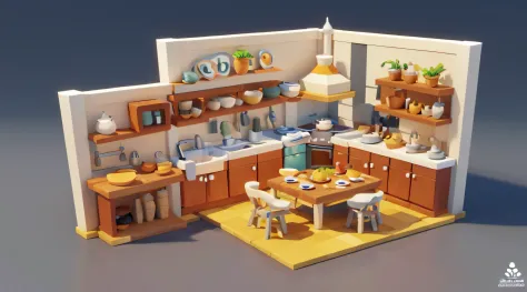 Uma Pia de cozinha,mesa e cadeiras,kitchen armarios ,isometria, Design de arquitetura de jogo, desenhos animados, pedra, estilo ...