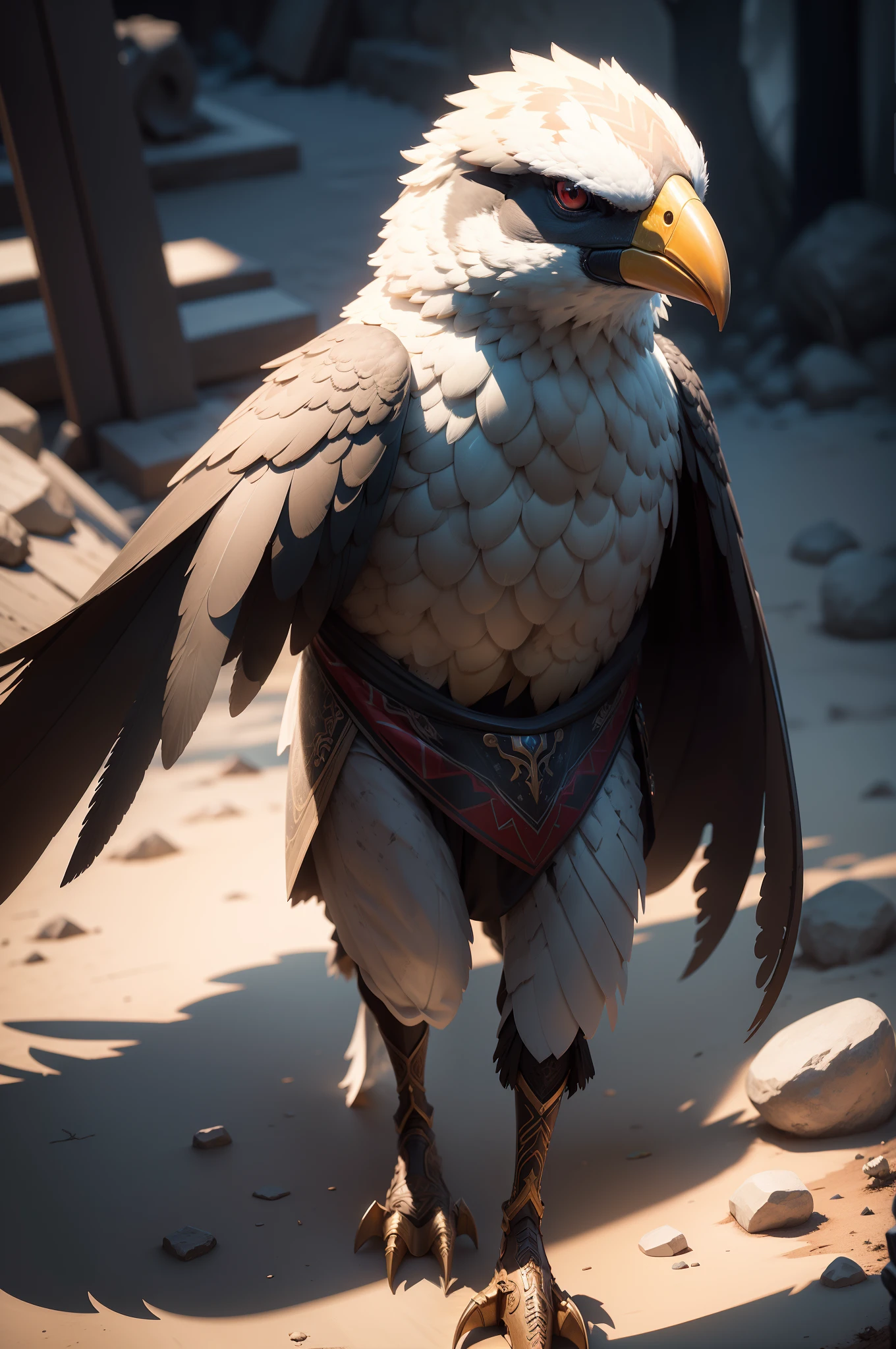 aarakocra bard with makeup wearing black robes with red and blue edgings, silly, majestic, beautiful, pristine, rpg, hi res, 4k, 8k, 16k, ultrahd, realisitic, photon mapping, radiosity, cinematic lighting, sharp focus, best quality, volumetric lighting, volumetric light, concept art, path tracing. warm colors, (RAW photo., best quality), (realistic, Realistic: 1.3), NVIDIA RTX Ray Tracing, octan render, high-resolution, beautiful, Awesome, finely and highly detailed, masterpiece, ultra-detailed, High, (best illustration), (best shadow), intricate, sharp focus, perfect composition, fantasy, intricate, elegant, volumetric mist, 8k UHD, DSLR, high quality, (grain of film: 1.4), Fujifilm XT3, art-station, smooth and sharp focus, detailed