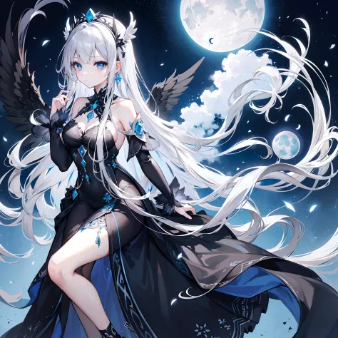 long silver hair,ornate silver headress, long ethereal black dress,blue eyes,black angel wings,moon goddess