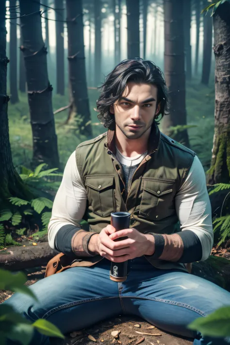30 year old man，Brutal，Jeans，woods, It's dark night, camp fire, game is fried, Hunter in the woods, Serious, Aidan Turner （A det...