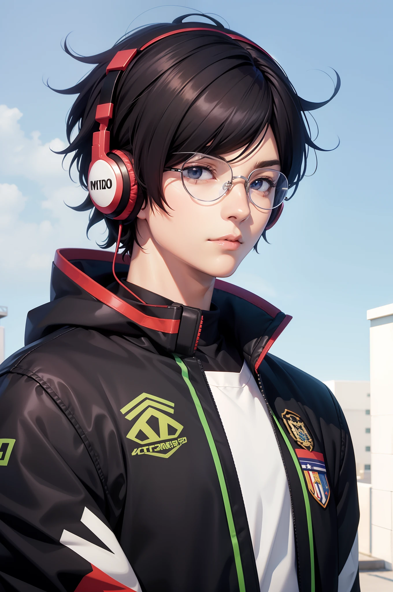 Ren Amamiya Persona,chico animado,uniforme de futbol, anteojos, auriculares en la cabeza