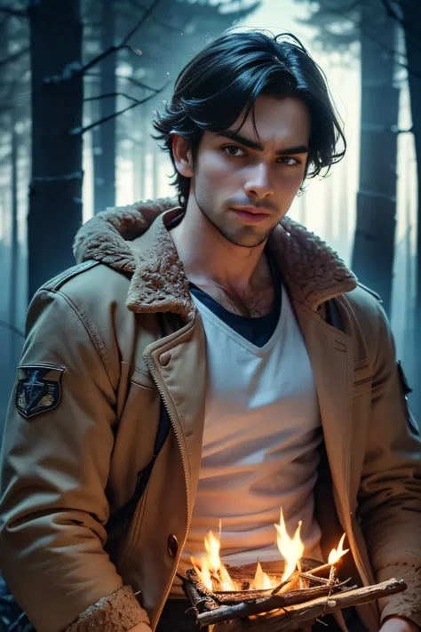 25-year-old man，a handsome，woods, It's dark night, camp fire, Roasted game, Hunter in the woods, Serious, Aidan Turner （A detail...