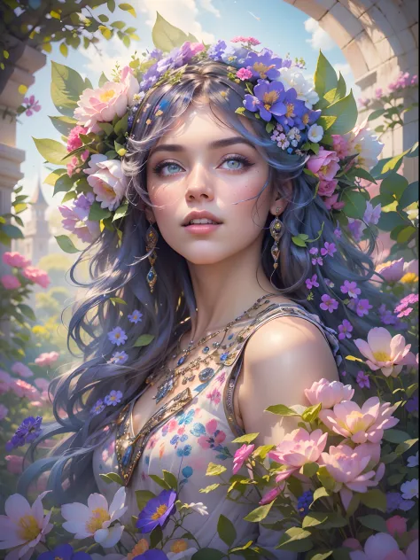 This artwork is dreamy and in the style of mythic fantasy, with soft watercolor hues in varying shades of pink, blue, and purple...