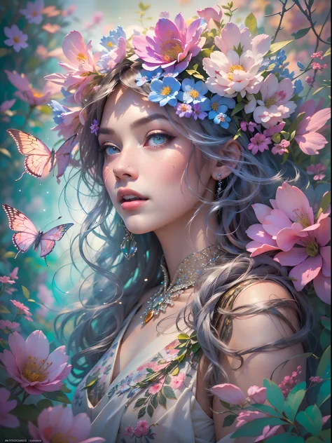 This artwork is dreamy and in the style of mythic fantasy, with soft watercolor hues in varying shades of pink, blue, and purple...