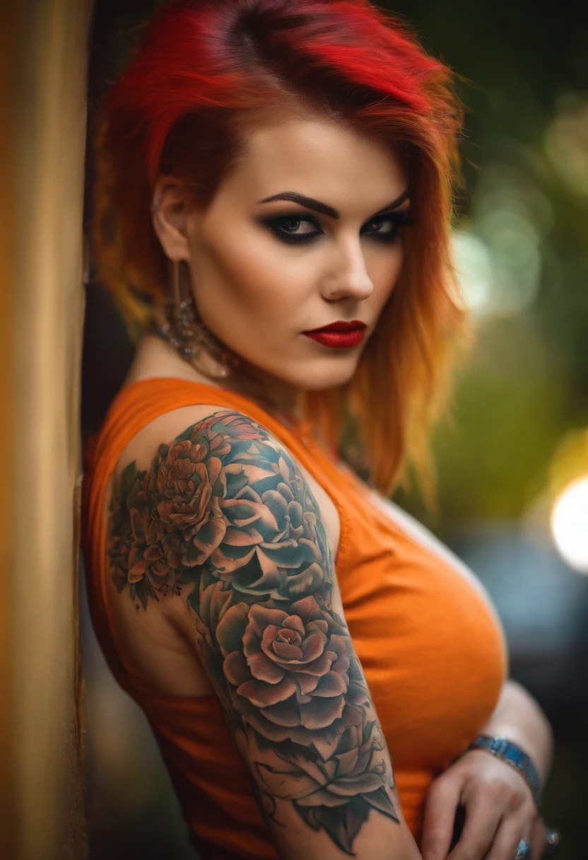 A woman with red hair and tattoos posing for a picture - SeaArt AI