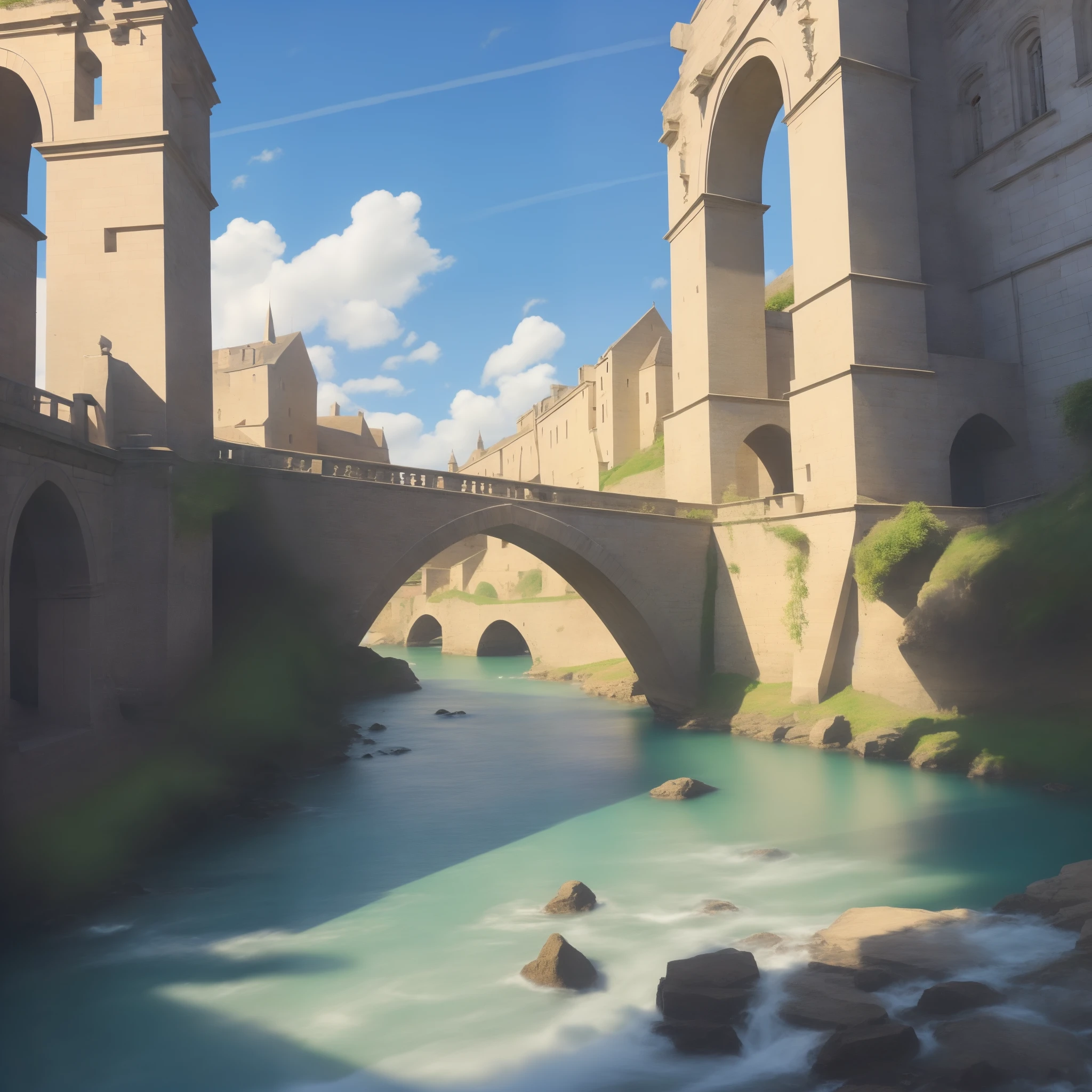 Atmospheric perspective, masutepiece, Super Detail, High quality, awardwinning, 8K, Magnificent stone bridge, Medieval, River, old city, Noon on a sunny day, Blue sky, In Europe, Natural light, vignetted, god rays