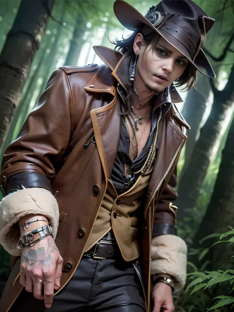 35-year-old man，a handsome，woods, It's dark night, Roasted game, Undead Hunter, Serious, Johnny Depp （A detailed eye：1.3），BazleColor Eye，full bodyesbian