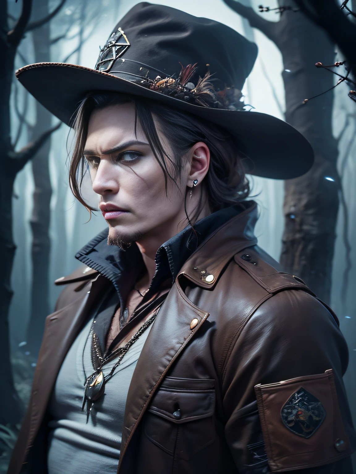 35-year-old man，a handsome，woods, It's dark night, Roasted game, Undead Hunter, Serious, Johnny Depp （A detailed eye：1.3），BazleColor Eye，full bodyesbian