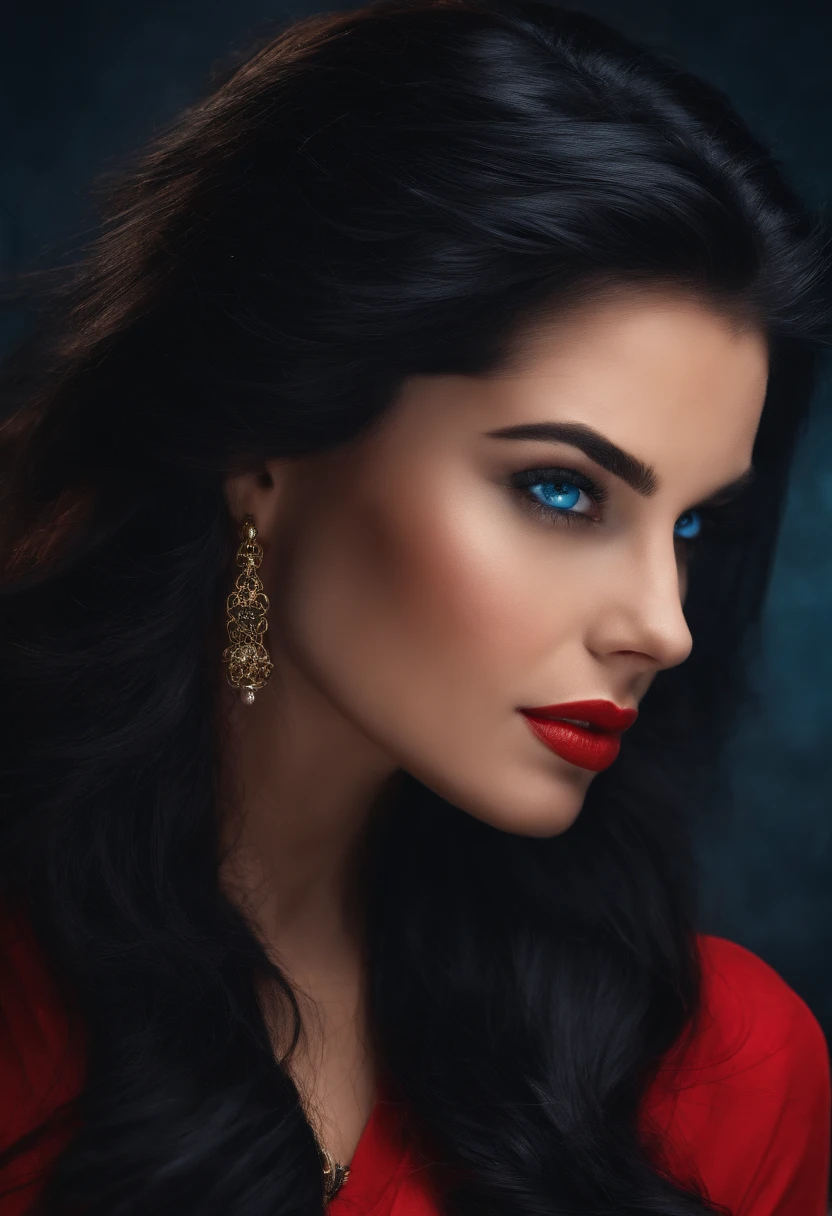 A woman with long black hair and blue eyes wearing red - SeaArt AI