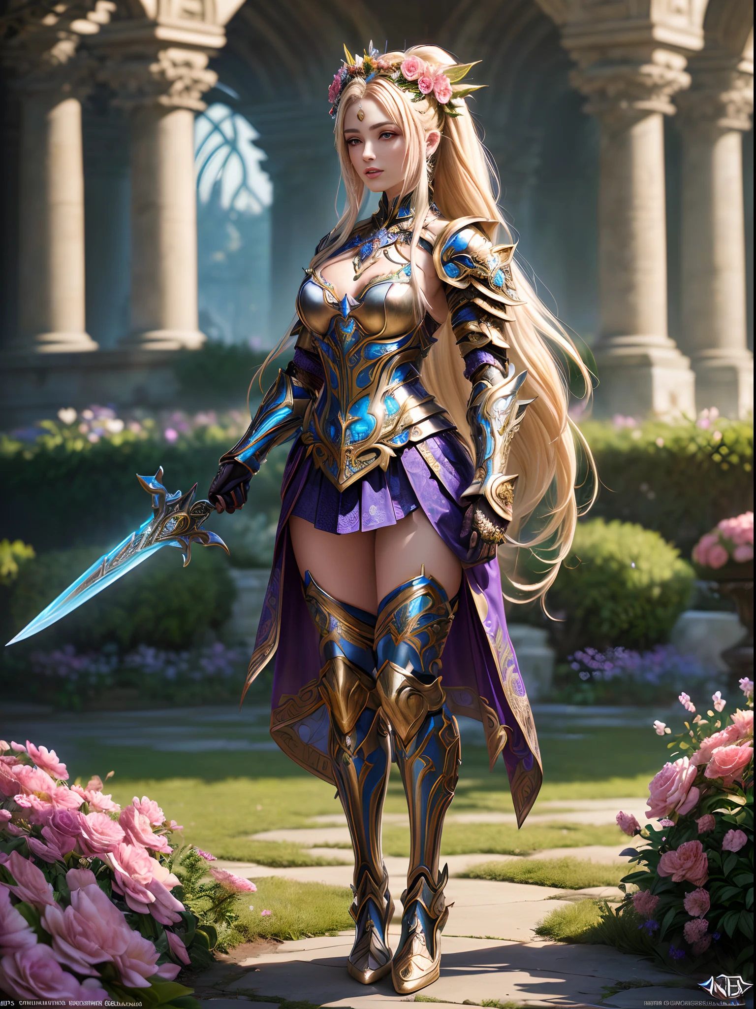 (全身影像) 一位戰士仙女，長著飄逸的金髮，花香濃鬱+金屬鎧甲, 面向前, 站在花朵盛開的花園裡, 她拿著一把劍, 華麗的角色扮演, 善良的機器人女孩與鮮花, 複雜的服裝設計, 超精细的幻想人物, 華麗的盔甲, (((穿著 "拼裝鎧甲"))), 漂亮的盔甲, 令人驚嘆的盔甲, 🌺, 虚幻引擎渲染 + a 女神, 賽博朋克花朋克, 女神. 极高的细节, extremely detailed 女神 shot