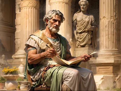 Seneca, 1st century Roman villa, holding a scroll, stoic expression, historical portrait, Roman art, natural lighting, earthy co...
