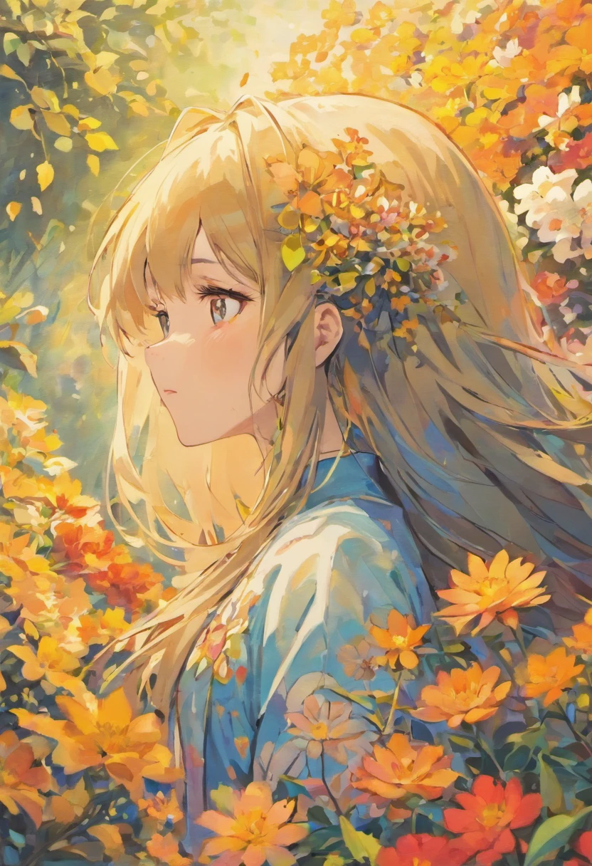 A painting of a girl with long blonde hair and flowers in her hair ...