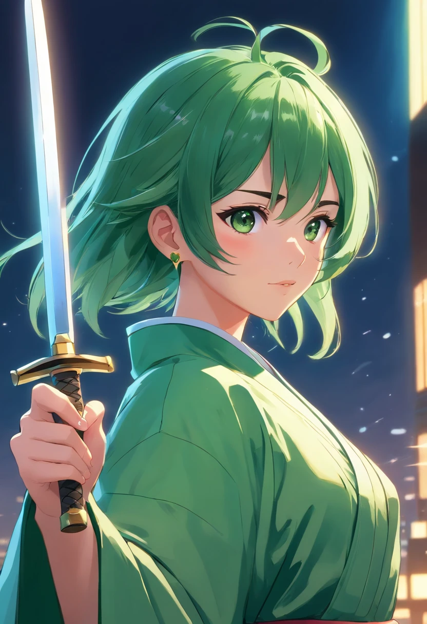 Green hair，brush cut，female swordsman，wearing a green robe，With three knives，With gold stud earrings on his ears