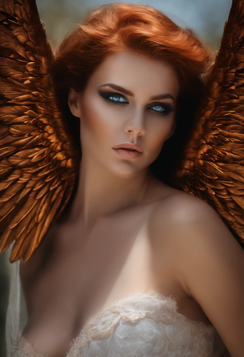 A close up of a woman with red hair and angel wings - SeaArt AI