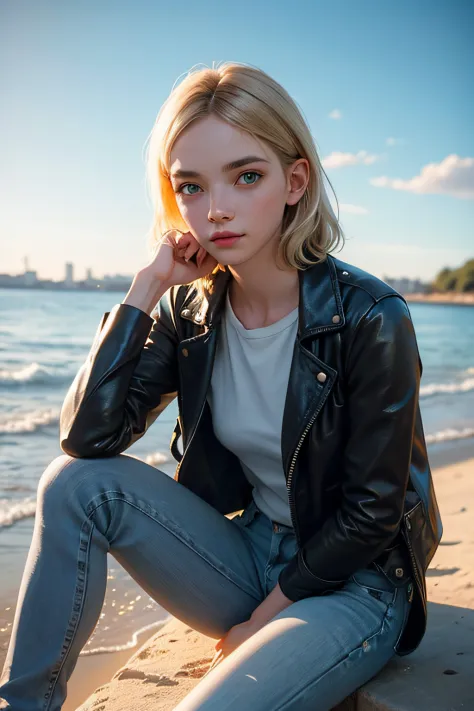 high detailed raw photo of (blonde hair girl, green eyes), wearing leather a leather jacket and (high fashion) blue jeans, sitting on beach, in a park , professional lighting, Hasselblad, 85mm, f/2.8, 85mm, ultra-wide angle, (precise detail, 8k,UHD,)
