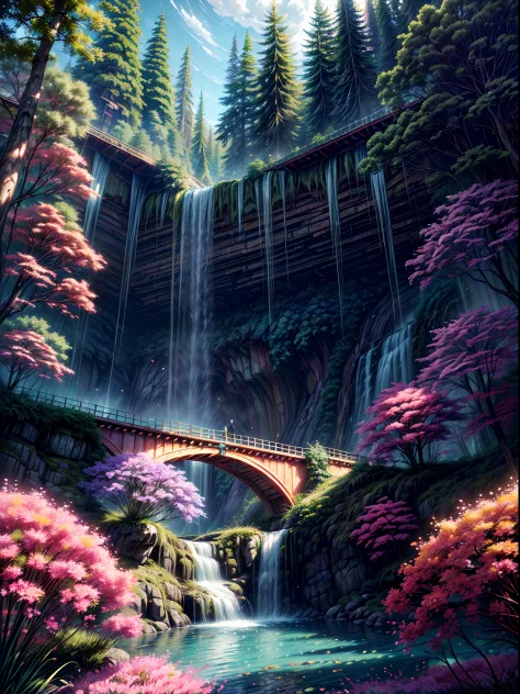 A beautiful biopunk waterfall in nature, colorful, flowers, pine trees, a suspended bridge, punk, beeple.