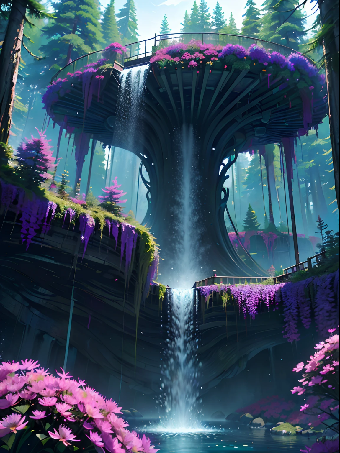 سائل ممغنط, A beautiful bioفاسق waterfall in nature, زاهى الألوان, زهور, اشجار الصنوبر, جسر معلق, فاسق, صافرة.