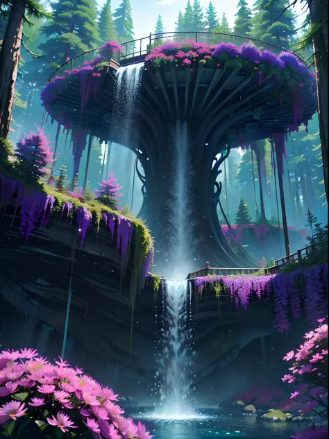 Ferrofluid, A beautiful biopunk waterfall in nature, colorful, flowers, pine trees, a suspended bridge, punk, beeple.
