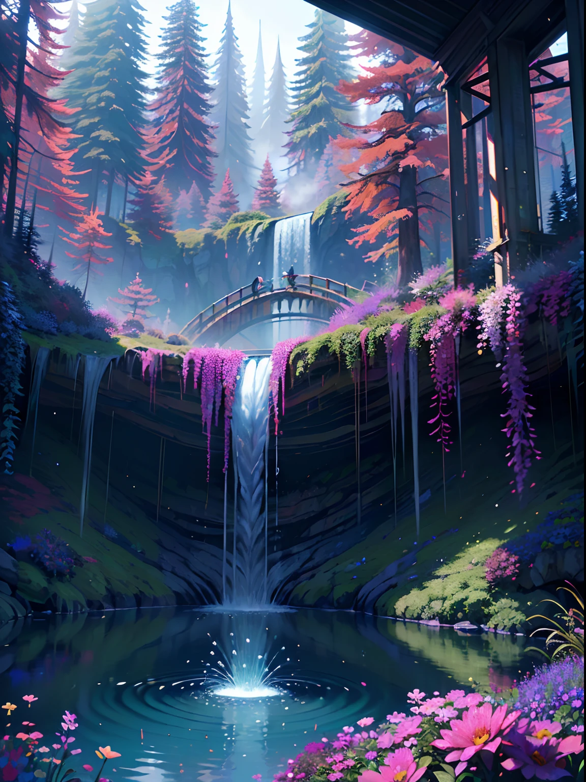 铁磁流体, A beautiful bio龐克 waterfall in nature, 豐富多彩的, 花朵, 松樹, 一座悬索桥, 龐克, 比普爾.