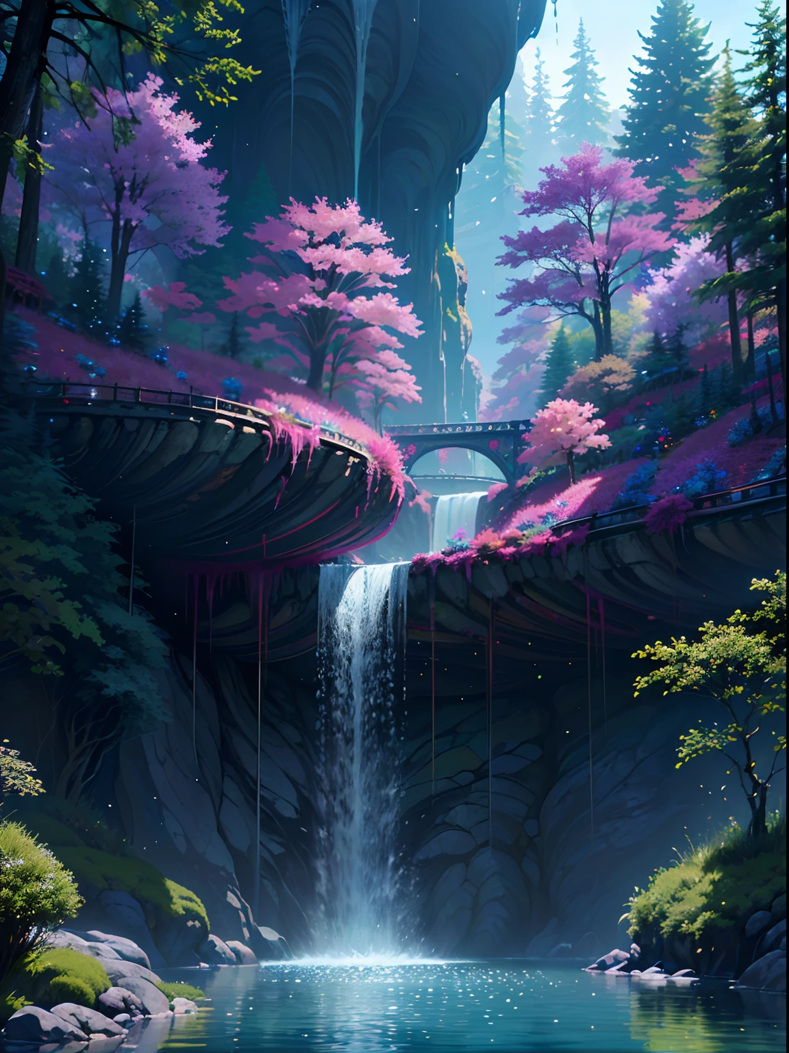 자성유체, A beautiful bio펑크 waterfall in nature, 화려한, 꽃들, 소나무, 현수교, 펑크, 비플.