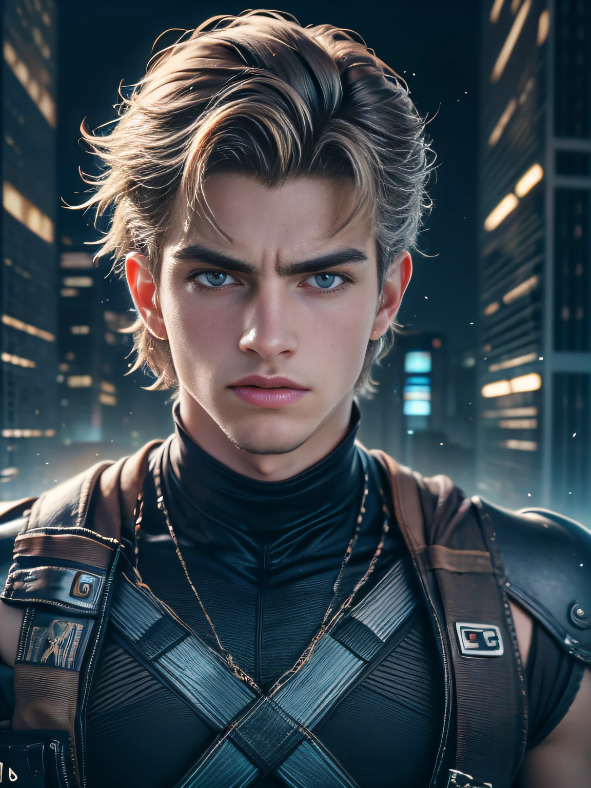 25-year-old man，a handsome，against the backdrop of a metropolis, It's dark night, Serious, hyper realisitc, young Hayden Christensen, Anakin SkyWalker（A detailed eye：1.3），BazleColor Eye，full bodyesbian