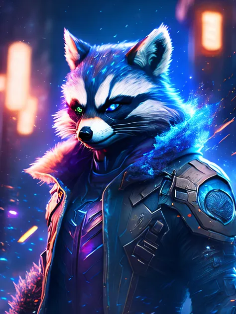 gloomy portrait of brave Rocket Raccoon from Marvel, extremely detailed, futuristic cityscape, nighttime, glowing neon lights, s...