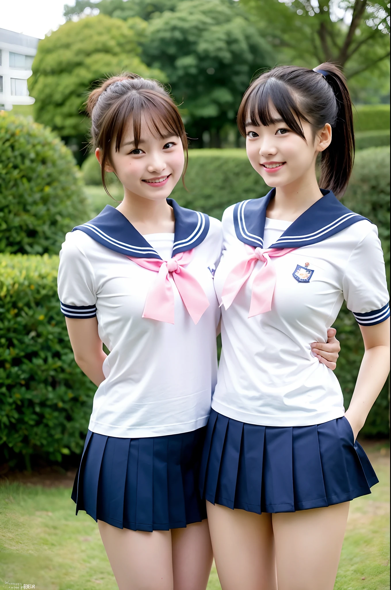 2 girls standing in park,sailor school uniform,white micro mini thong with little pink bow,18-year-old,bangs,a little smiles,thighs,crotch,knees,short cut hair,ponytail,from below